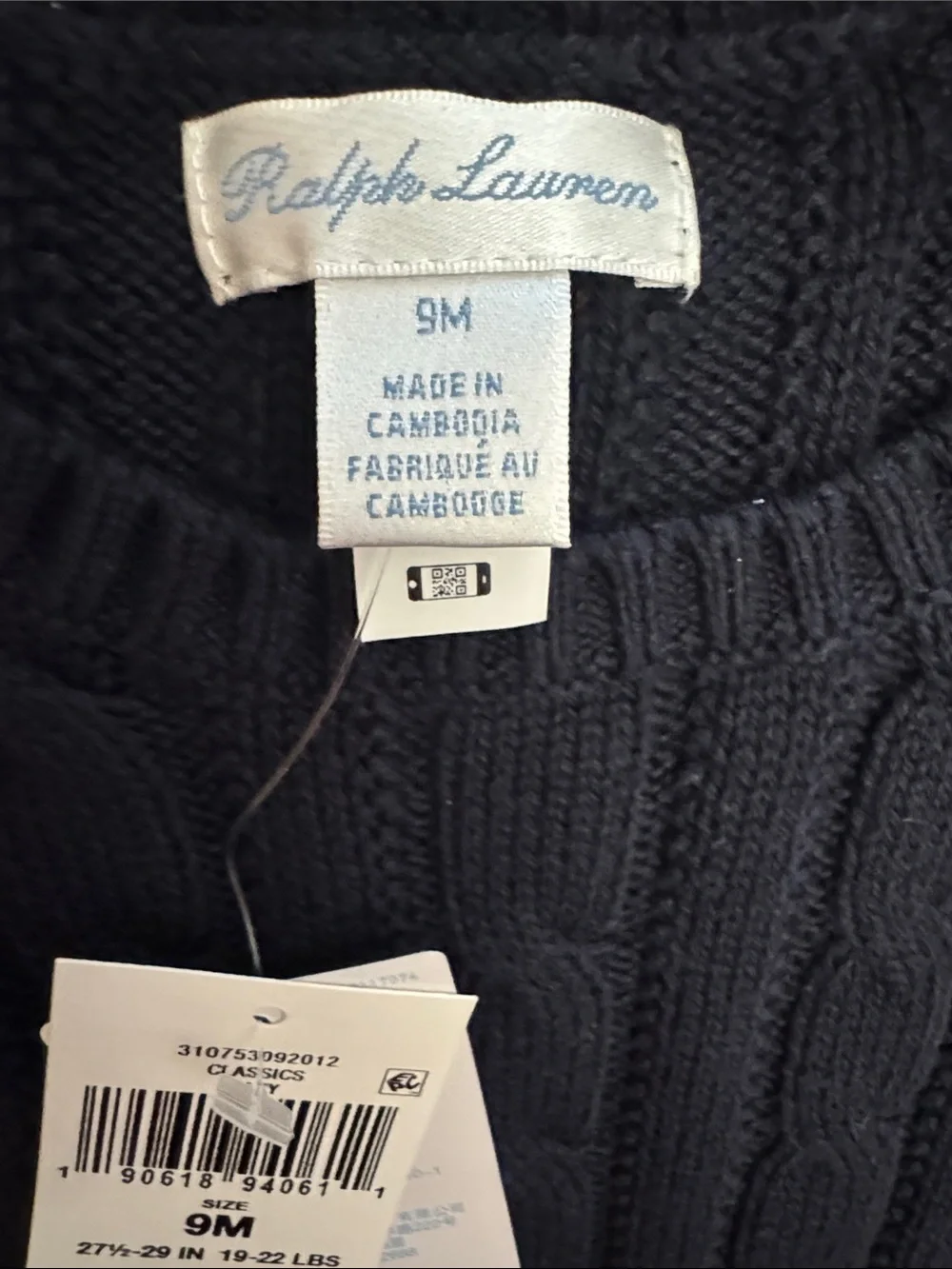 Ralph Lauren Navy Cable Knit Peplum Baby 9M 19-22lbs Sweater with Red Pony NWT